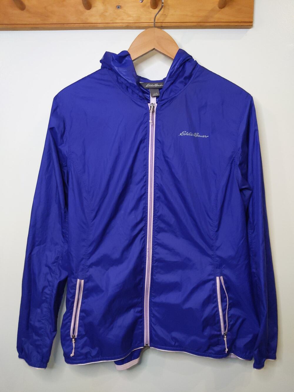 Eddie Bauer Women L Packable Rain Jacket Blue Windbreaker Full Zip Spring/Summer